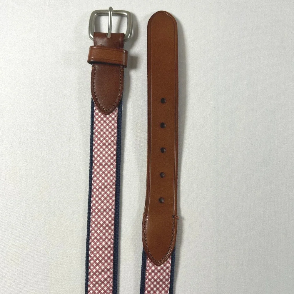 J.Crew Belt Mens 36 Blue Red Gingham Checkered Canvas Leather Trim Preppy